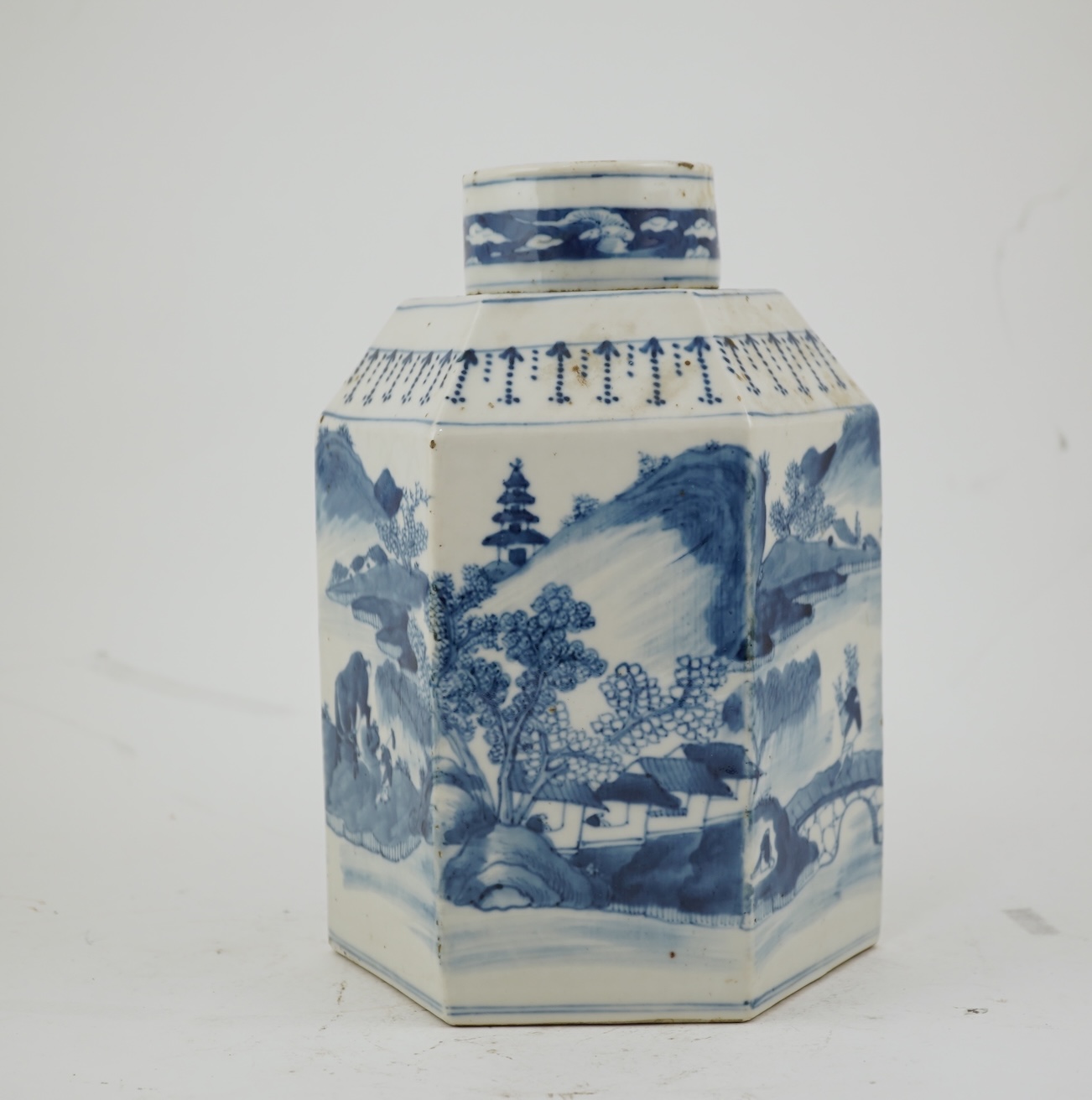 A Chinese blue and white ‘landscape’ hexagonal jar and cover, late 19th century